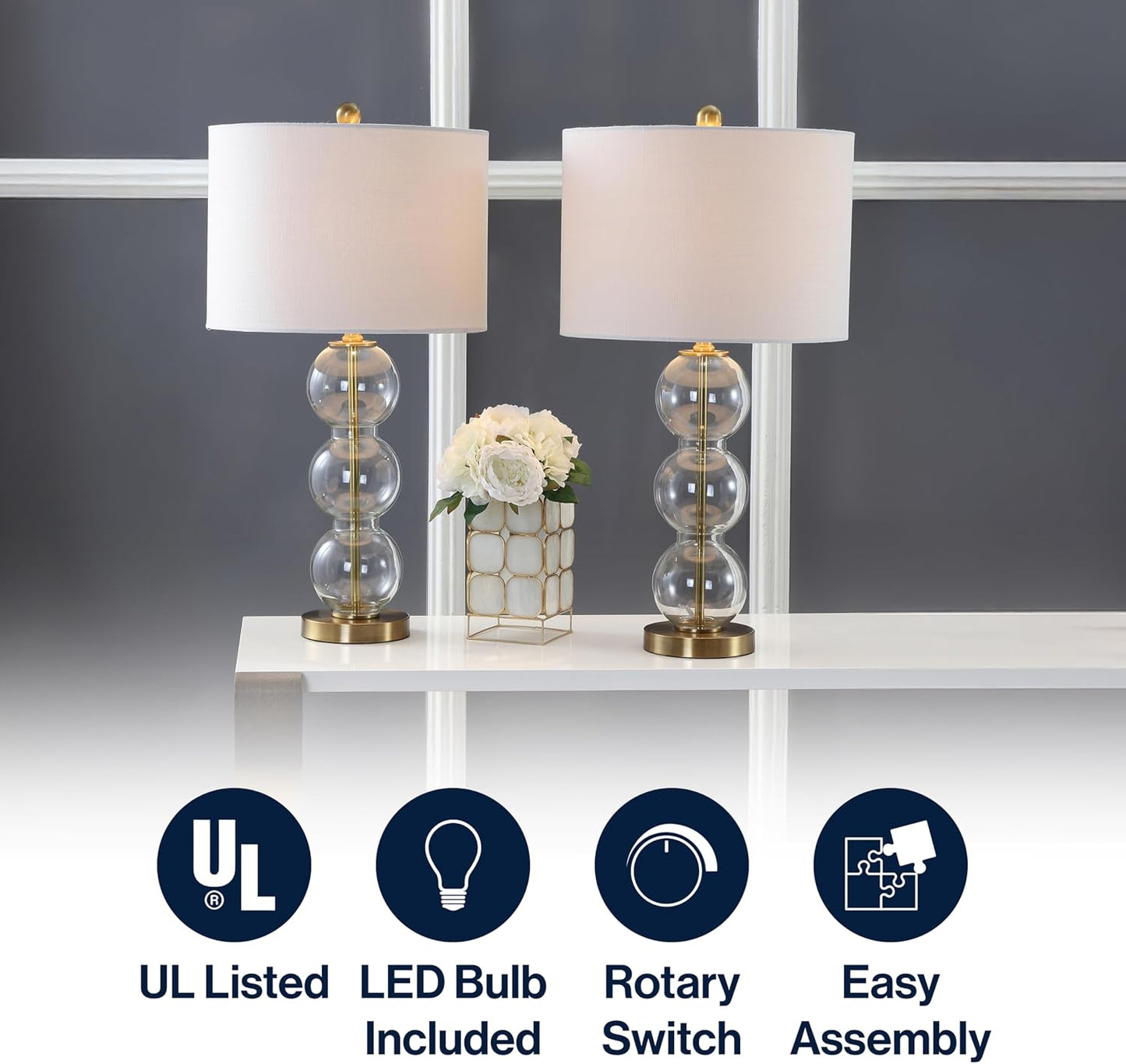 JONATHAN Y JYL1070A-SET2 Set of 2 Table Lamps Bella 27" Glass Triple-Sphere LED Table Lamp Contemporary Bedside Desk Nightstand Lamp for Bedroom Living Room Office College Bookcase, Clear/Brass