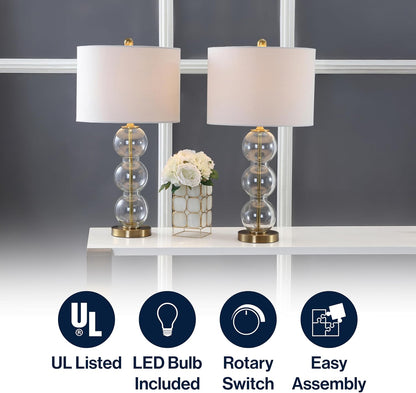 JONATHAN Y JYL1070A-SET2 Set of 2 Table Lamps Bella 27" Glass Triple-Sphere LED Table Lamp Contemporary Bedside Desk Nightstand Lamp for Bedroom Living Room Office College Bookcase, Clear/Brass