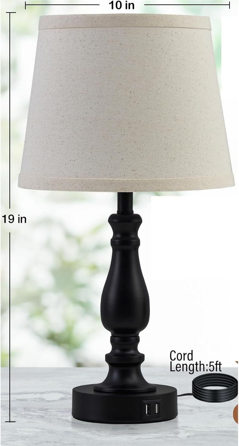 19-inch Touch Table Lamp 2-Piece Set With USB Port, 3-Way Dimmable, Linen Shade For Living Room Reading suitable for bedrooms, living rooms, offices, book(Light oat color Shade and Black Base)