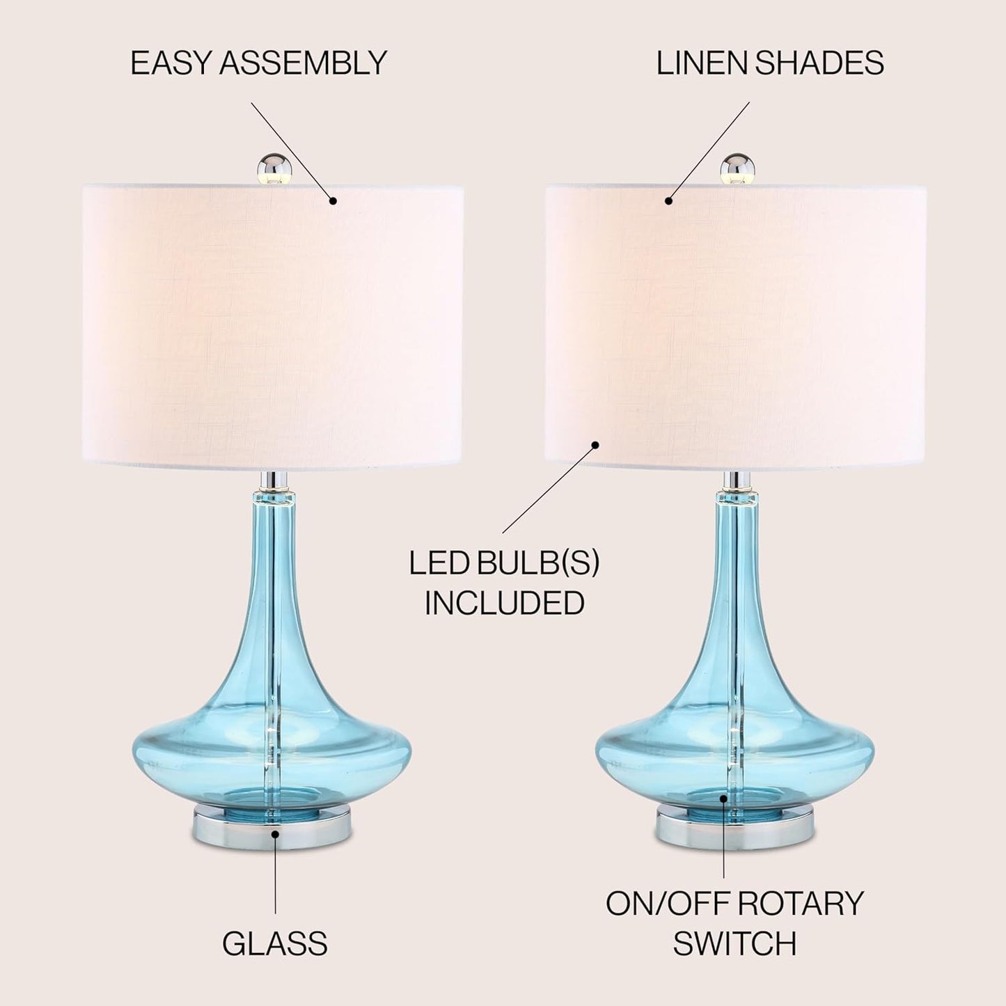 JONATHAN Y JYL1081C-SET2 Set of 2 Table Lamps Cecile 25.5" Glass Teardrop LED Table Lamp Contemporary Bedside Desk Nightstand Lamp for Bedroom Living Room Office College Bookcase, Clear