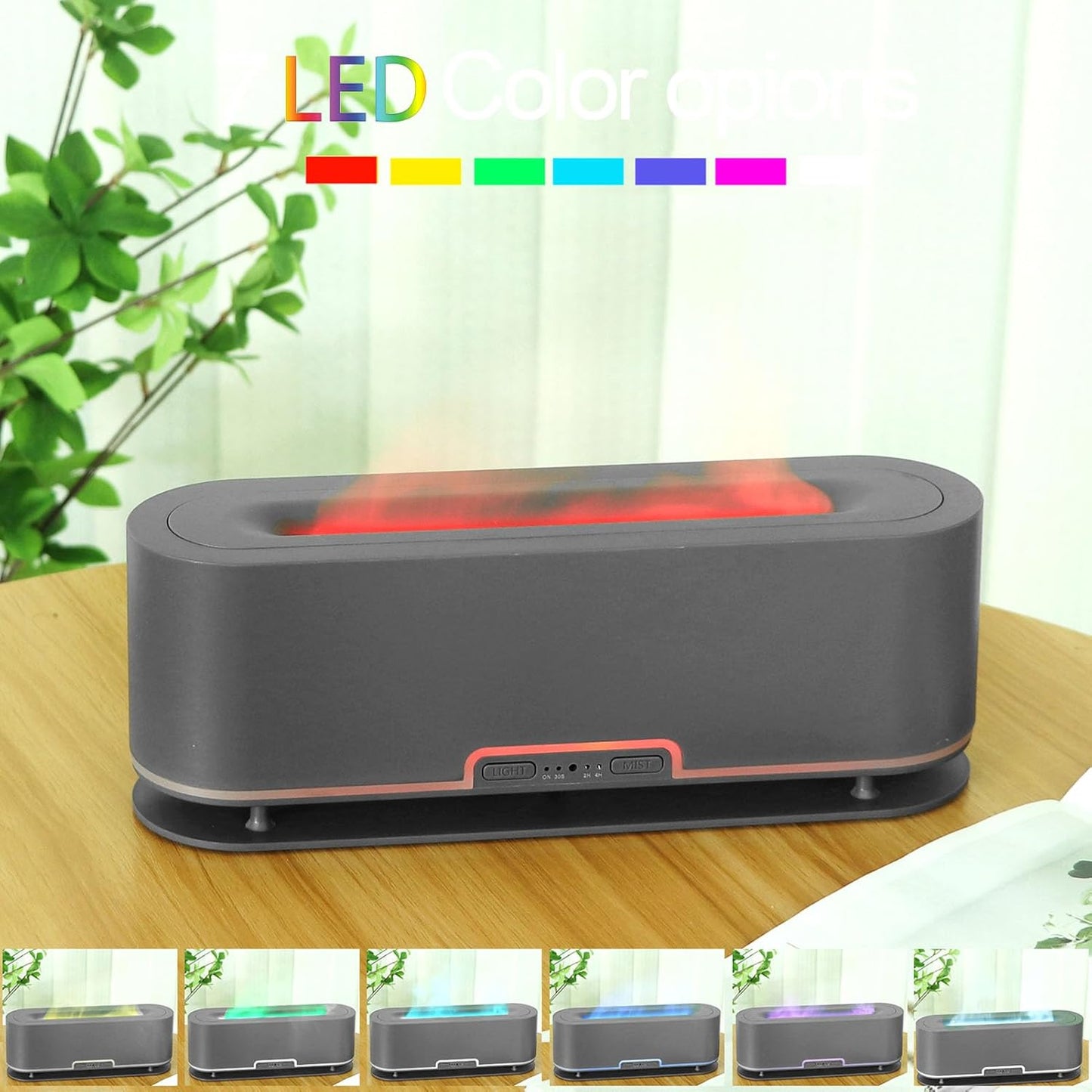 200ml Flame Humidifier with Simulated Flame, Colorful Light, Quiet Operation for Home Office (US Plug)(Gray Black)