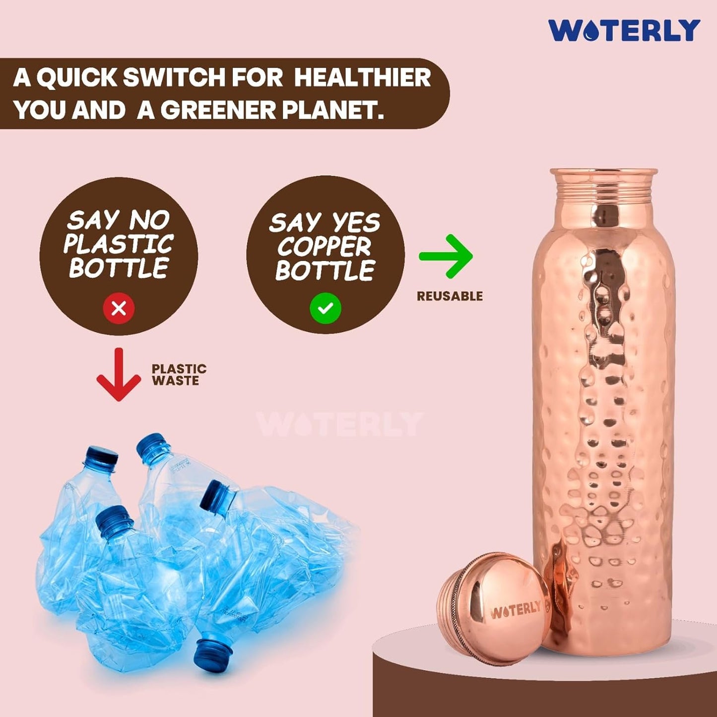 Plain Copper Water Bottle (34 Oz /1000ml) With Set Of 2 Tumbler (10 Oz/300ml Each) | Best use for Office,Gym & gifts |100% Pure Copper Material with Leak proof Quality