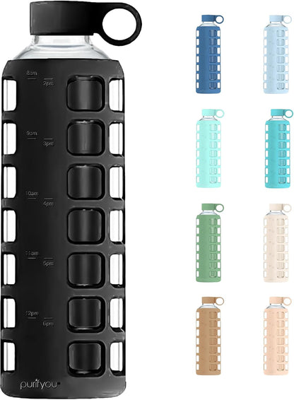purifyou 40oz / 32oz / 22oz / 12oz Borosilicate Glass Water Bottle with Time & Volume Markers, Silicone Sleeve, Stainless Steel Lid | Reusable Glass Bottle for Water & Juice (40oz Jet Black)