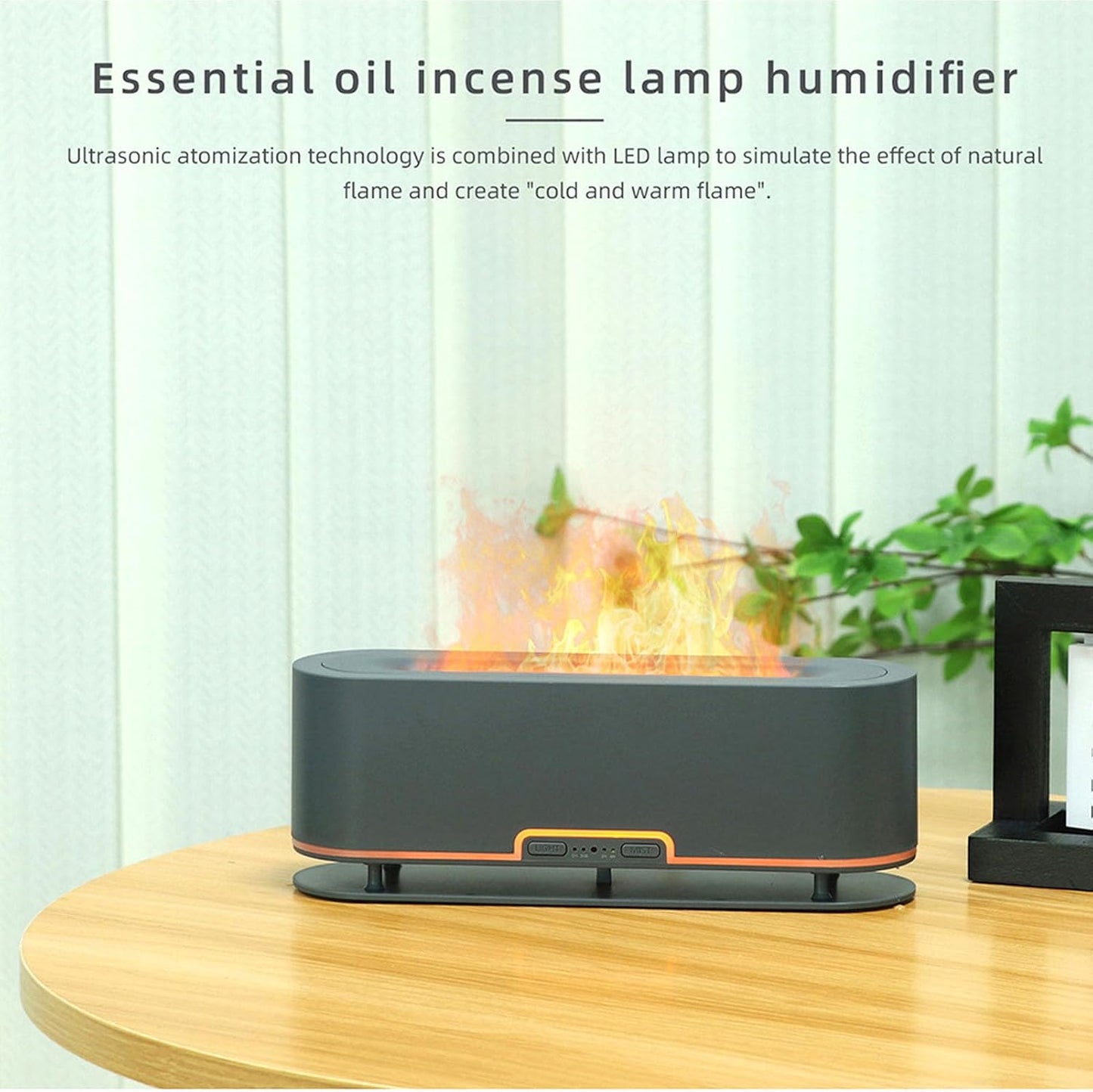 200ml Flame Humidifier with Simulated Flame, Colorful Light, Quiet Operation for Home Office (US Plug)(Gray Black)