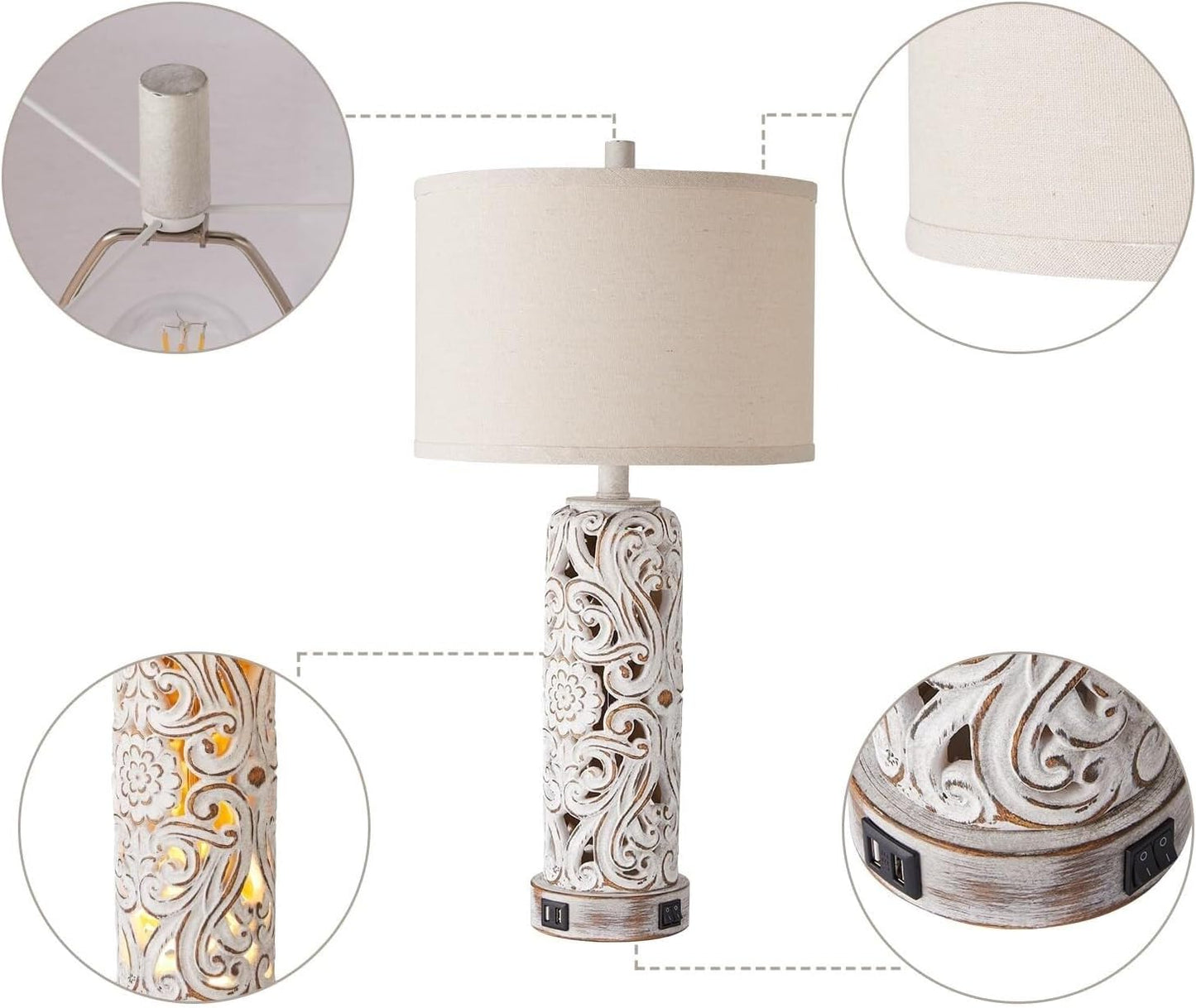 25-inch Antique White Resin Table Lamp with Dual USB Ports for Living Room Or Bedroom, Light Bulb Included Suitable for Living Room, Dormitory, Office,(Wash White)