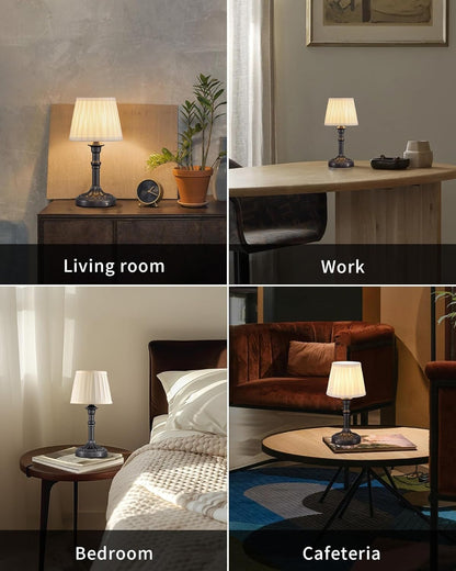 Cordless Portable LED Table Lamp 2-pack, Fabric Shade, Battery Power, Stepless Dimming, For Living And Dining Rooms suitable for bedrooms, living rooms, offices, book(Mottled Silver+Fabric Lampshde)
