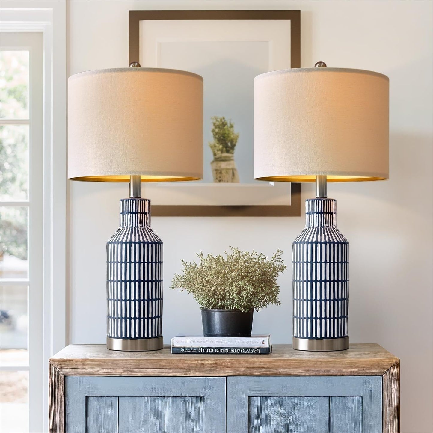 25 Inch Modern Ceramic Table Lamp with Linen Shade for Living Room Bedroom Farmhouse Nightstand Lamp Suitable for bedrooms, Living Rooms, Offices, Book(‎Washed White-1Pack)