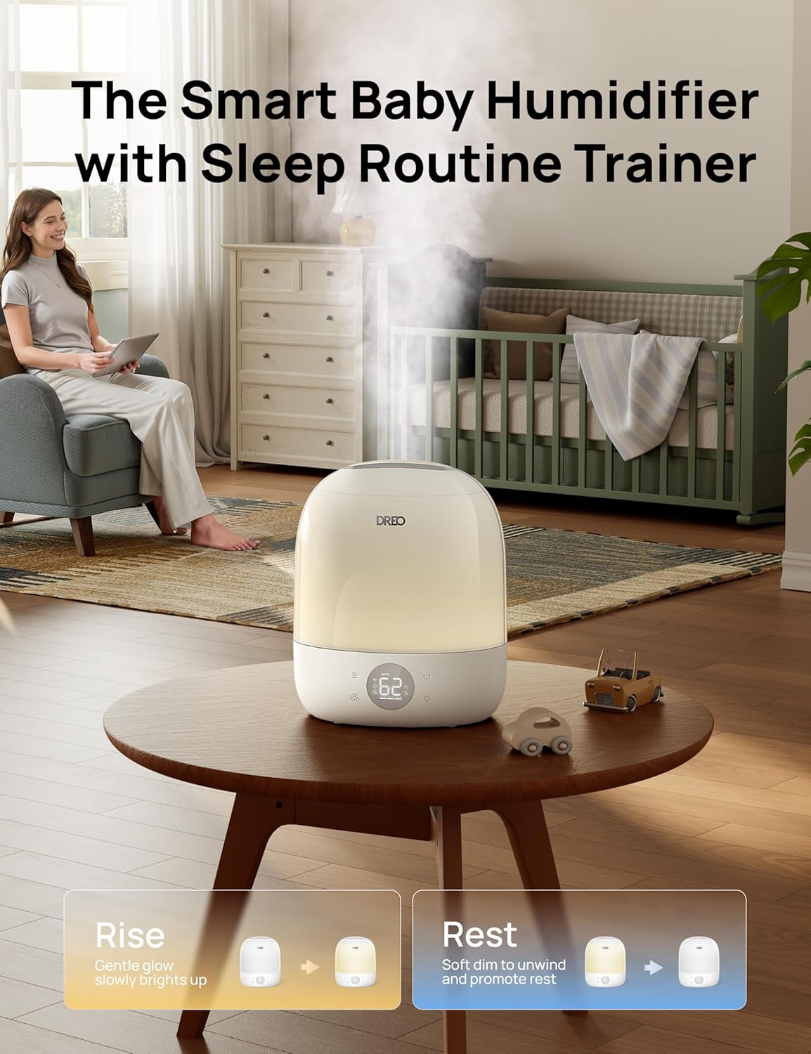 DREO Humidifiers for Bedroom Baby HM409S, Ultra Quiet 28dB & 3L Top Fill Cool Mist Humidifier for Nursery, Smart Air humidifier for Plants Indoor, 1500+ RGB Night Light & Sleep Routine Trainer