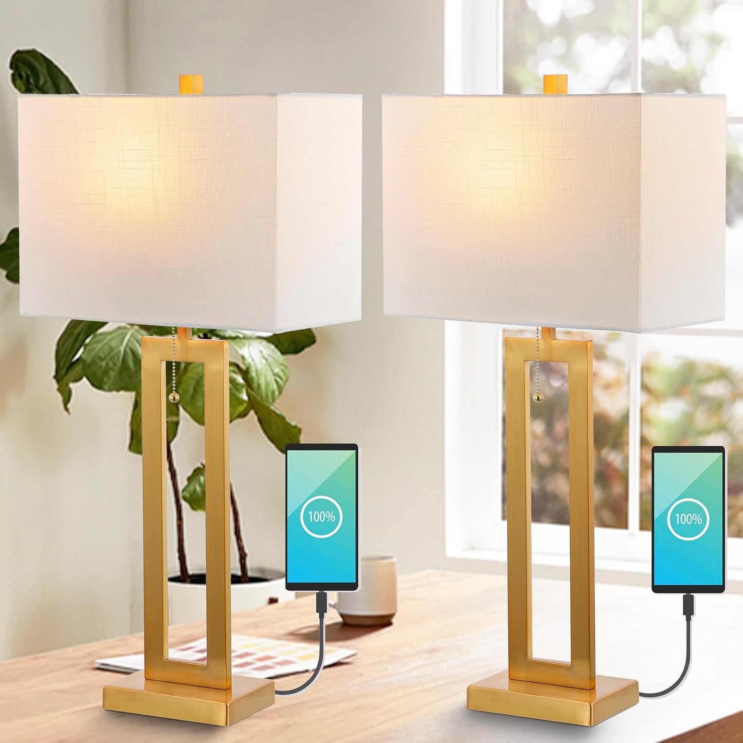 JONATHAN Y JYL1126A-SET2 Sabrina 28.5" Vintage Industrial Iron LED Table Lamp with Pull-Chain and USB Charging Port Mid-Century, Minimalist Bedside Desk Nightstand Lamp, Brass Gold (Set of 2)