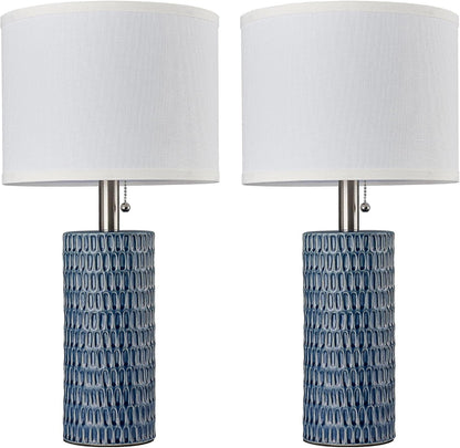 20 Inch Modern Ceramic Table Lamp 2 Pack with White Fabric Shade for Bedroom, Living Room, Nightstand Lamp Suitable for bedrooms, Living Rooms, Offices, Book(20" Dark Blue-2Pack)