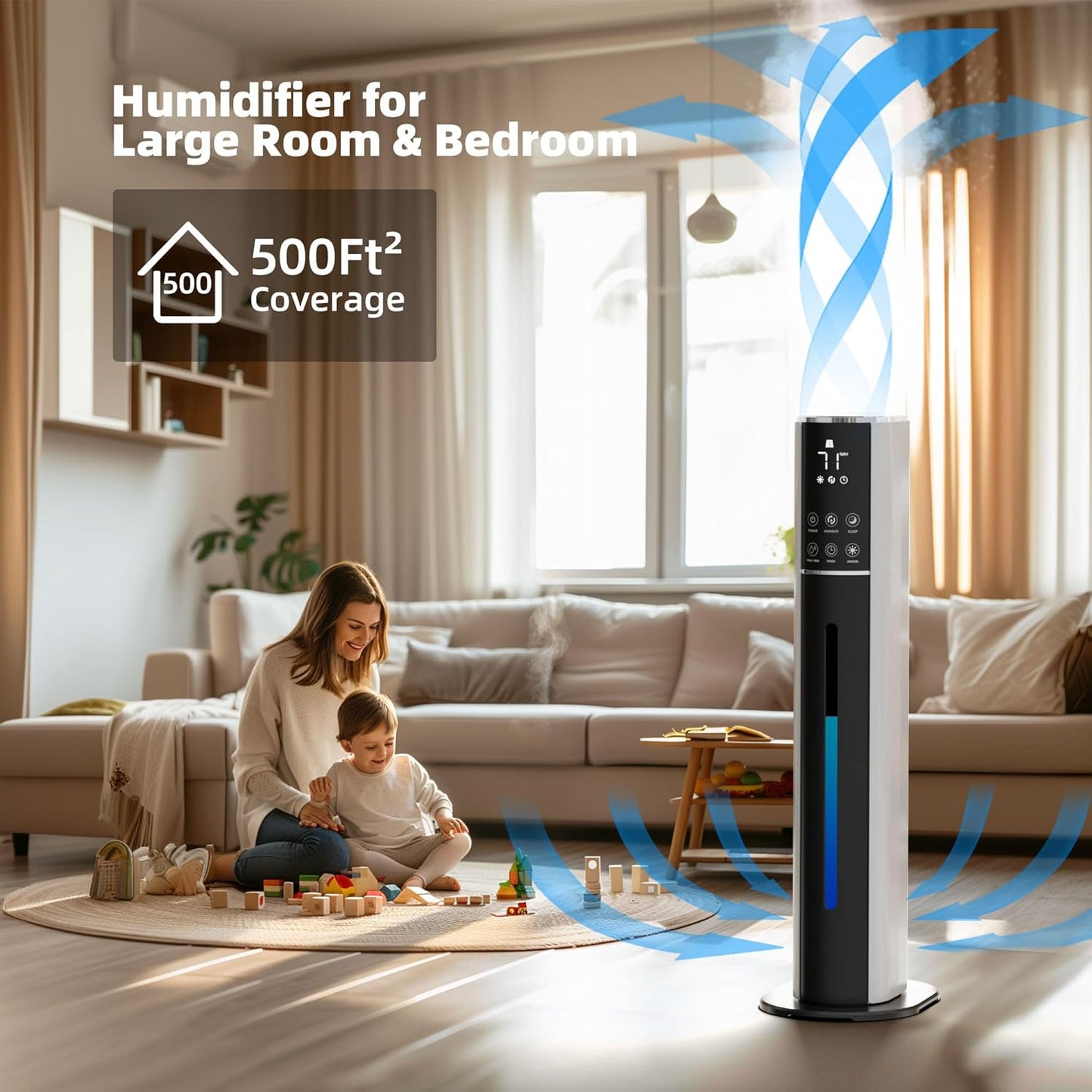 7.3L/1.9Gal Humidifiers For Bedroom Large Room, Cool Mist Top Fill With Essential Oil Diffuser, 3 Mist Speed, 360°Nozzle, Timer, Remote Control, 35dB Quiet Humidifier For Nursery Baby Home