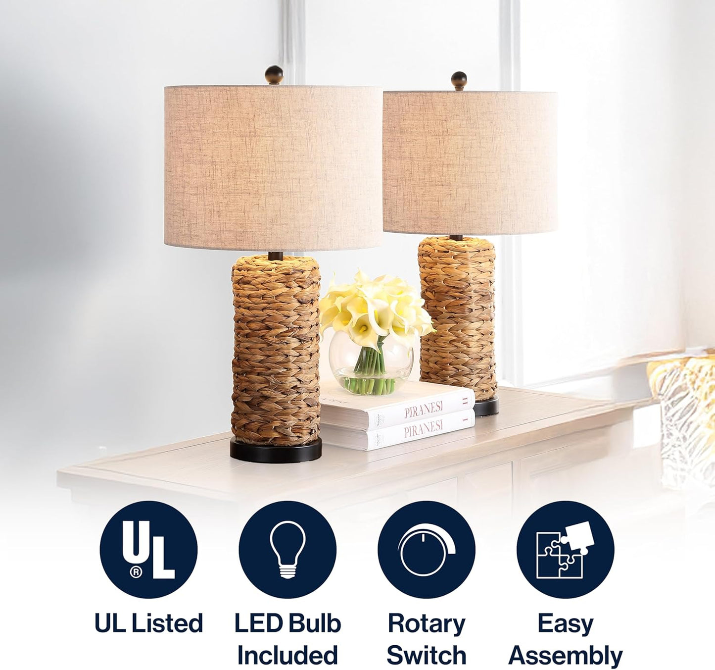 JONATHAN Y JYL6502A-SET2 Set of 2 Table Lamps Elicia 25" Sea Grass LED Coastal for Bedroom, Living Room, Office, College Dorm, Coffee Table, Bookcase