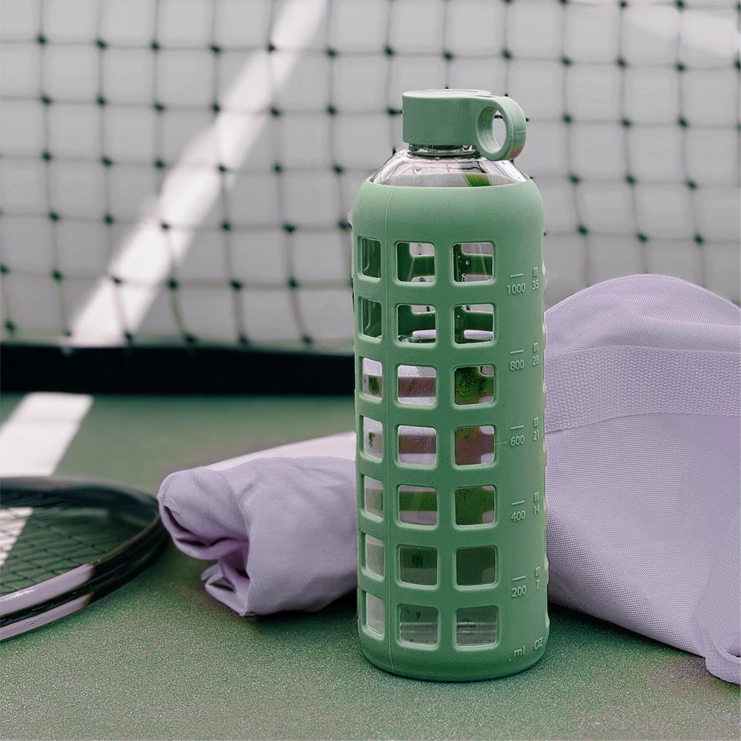 purifyou 40oz / 32oz / 22oz / 12oz Borosilicate Glass Water Bottle with Time & Volume Markers, Silicone Sleeve, Stainless Steel Lid | Reusable Glass Bottle for Water & Juice (40oz Jet Black)