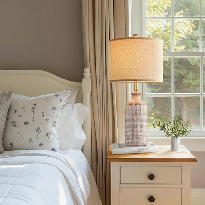 25.8" Modern Ceramic Table Lamp 2-Pack With Linen Shade And Rotary Switch For Bedroom Nightstand Living Room Decoration suitable for bedrooms, living rooms, offices, book(Rotary Switch Blue)