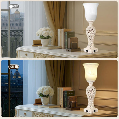 20" Vintage Table Lamp with 2 USB Charging Ports, Glass Shade Table Lamp, Dimmable, for Living Room Bedside Suitable for bedrooms, Living Rooms, Offices, Book