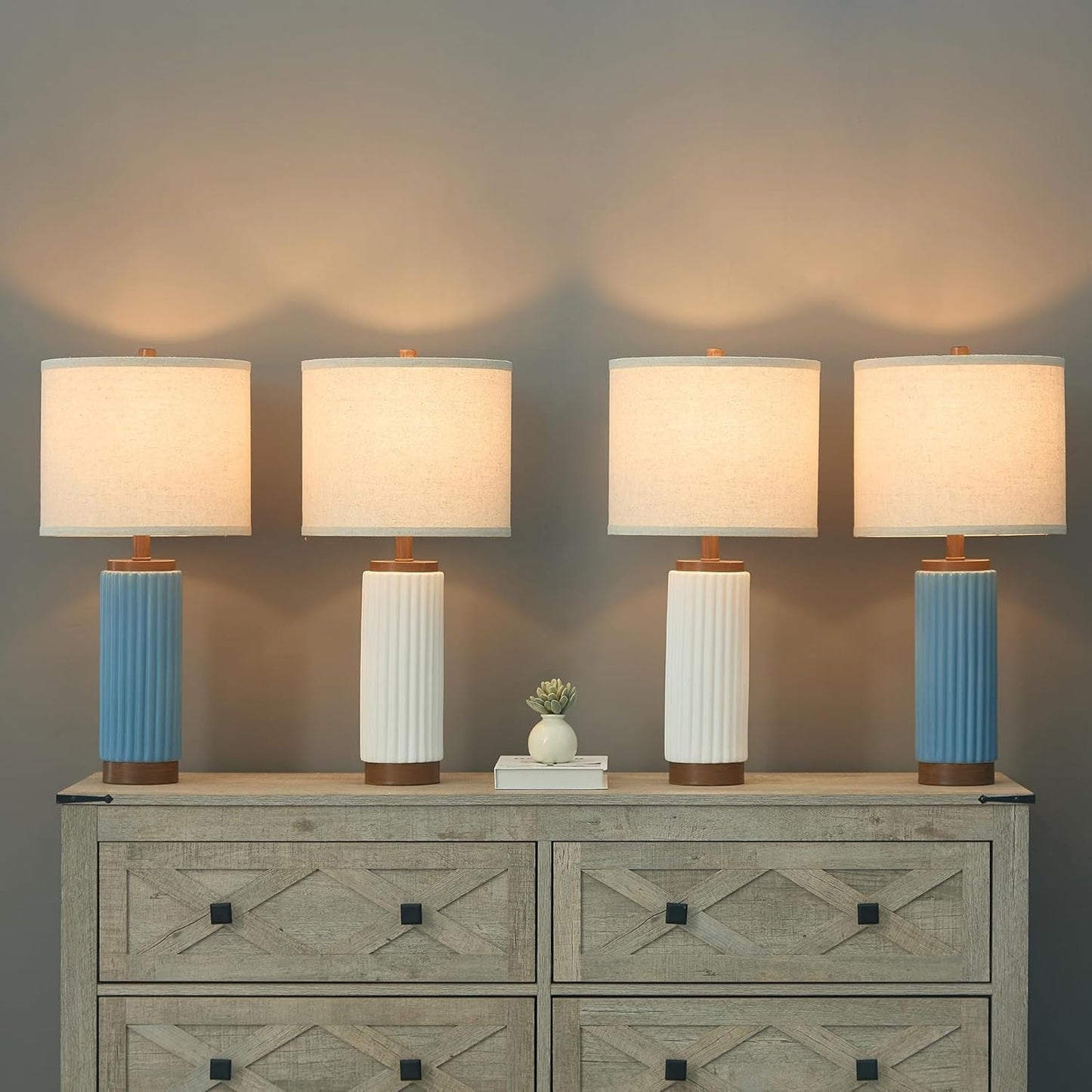 25-inch Modern Ceramic Table Lamp 2-Pack, 3-Way Dimmable, Oatmeal Shade for Living Room, Bedroom, and Dining Room Suitable for Living Room, Dormitory, Office,(Blue)