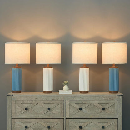 25-inch Modern Ceramic Table Lamp 2-Pack, 3-Way Dimmable, Oatmeal Shade for Living Room, Bedroom, and Dining Room Suitable for Living Room, Dormitory, Office,(Blue)