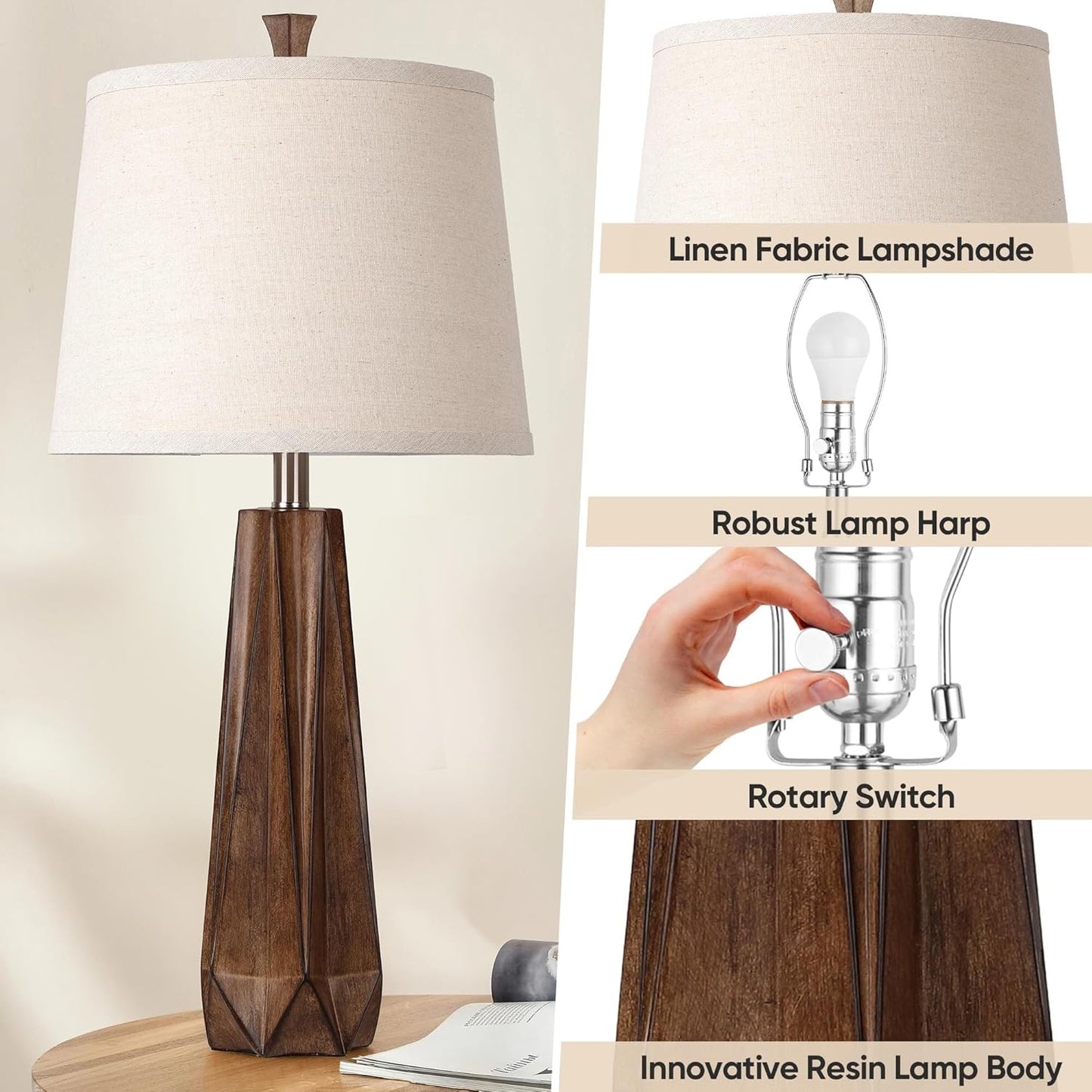 28" 3 Color Temperature Table Lamp, Linen Shade, Living Room Nightstand Bedroom Decor, Light Bulb Included, Wood Grain 2-Pack Suitable for Living Room, Dormitory, Office,