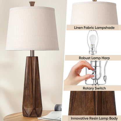 28" 3 Color Temperature Table Lamp, Linen Shade, Living Room Nightstand Bedroom Decor, Light Bulb Included, Wood Grain 2-Pack Suitable for Living Room, Dormitory, Office,