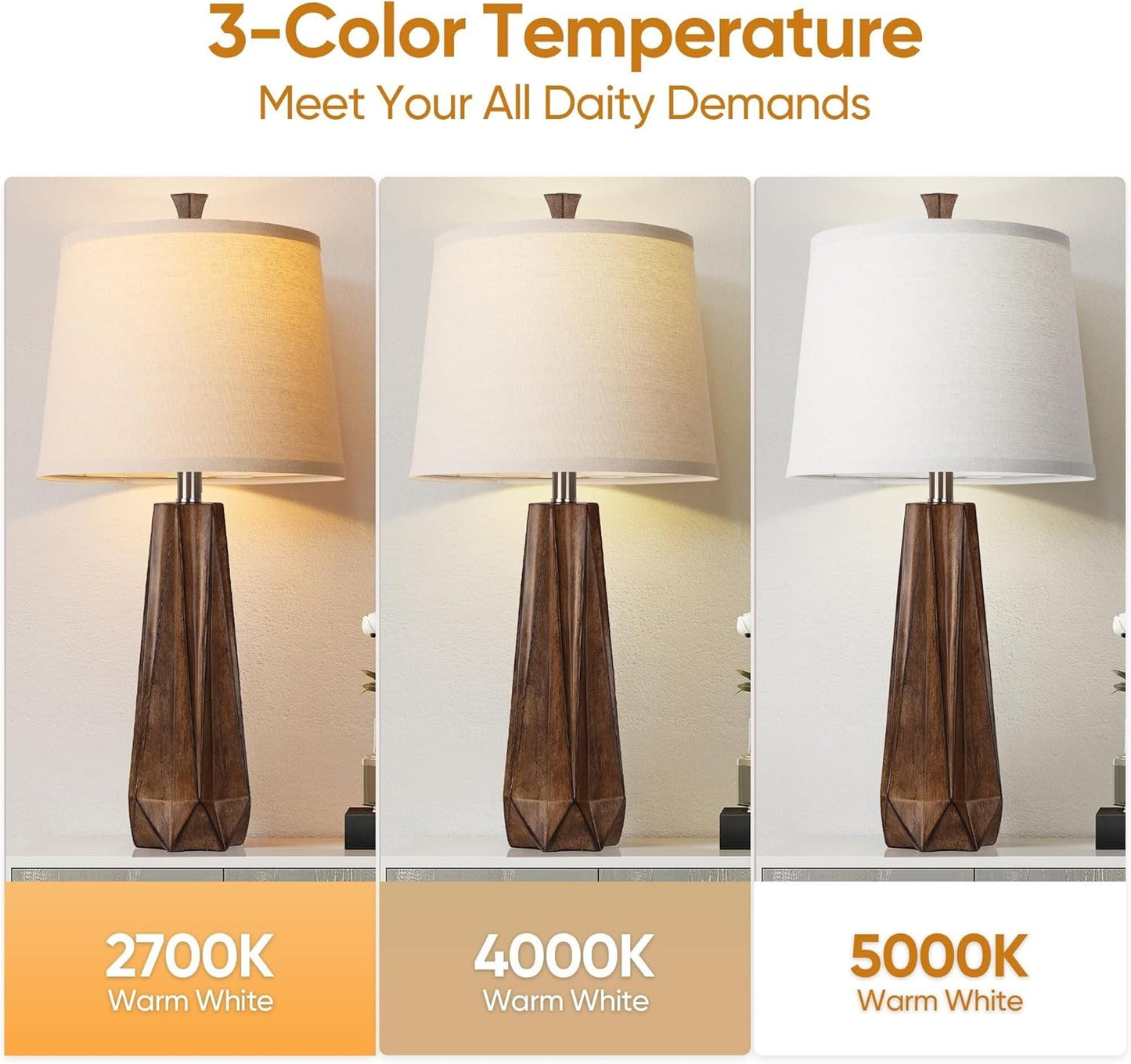 28" 3 Color Temperature Table Lamp, Linen Shade, Living Room Nightstand Bedroom Decor, Light Bulb Included, Wood Grain 2-Pack Suitable for Living Room, Dormitory, Office,