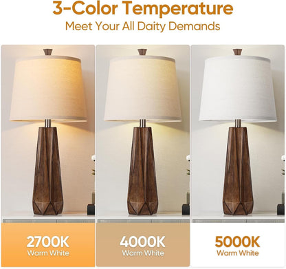 28" 3 Color Temperature Table Lamp, Linen Shade, Living Room Nightstand Bedroom Decor, Light Bulb Included, Wood Grain 2-Pack Suitable for Living Room, Dormitory, Office,