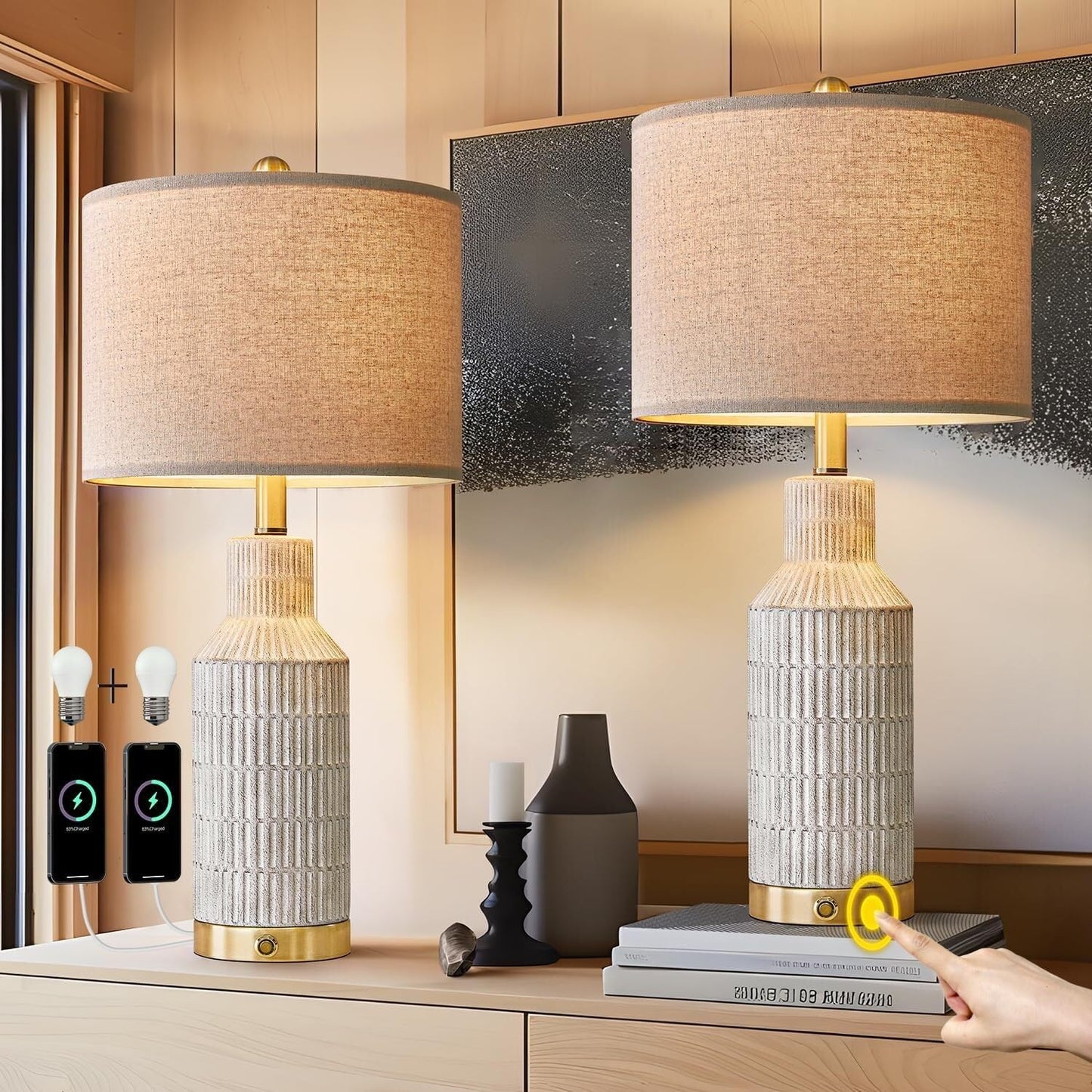 25 Inch Modern Ceramic Table Lamp with Linen Shade for Living Room Bedroom Farmhouse Nightstand Lamp Suitable for bedrooms, Living Rooms, Offices, Book(‎Washed White-1Pack)