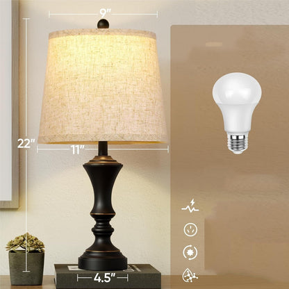 22-inch Vintage Table Lamp Set of 2, Linen Shade, Resin Base, Suitable for Bedroom Bedside Living Room Lamp Suitable for bedrooms, Living Rooms, Offices, Book(Retro Brown)