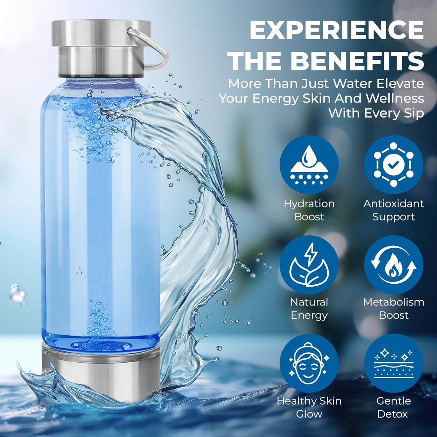 Hydrogen Water Bottle Generator | 14OZ Glass Bottle with 2200PPB SPE PEM Tech | Portable Leakproof Design | USB-C Rechargeable | Filtered Hydrogenated Water | Wellness Gift for Home, Gym, Office