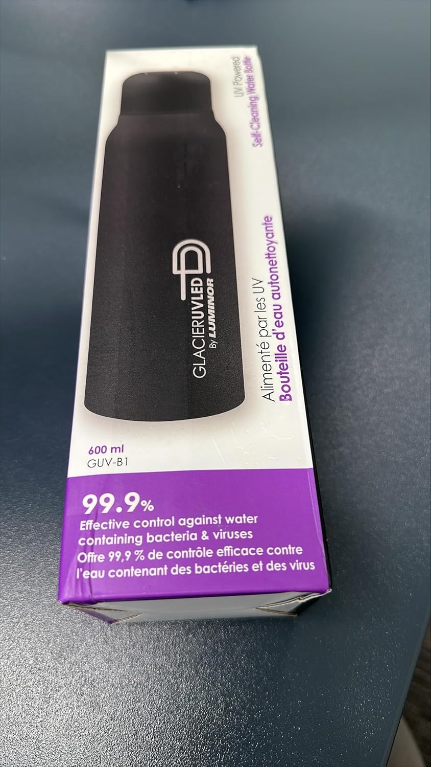 Luminor Glacier UV Self-Cleaning Water Bottle – 20 oz Rechargeable Stainless Steel Insulated Tumbler, Portable UVC Fast 90-Second Water Cleaner, USB-C Charging - for Travel, Hiking, Cycling