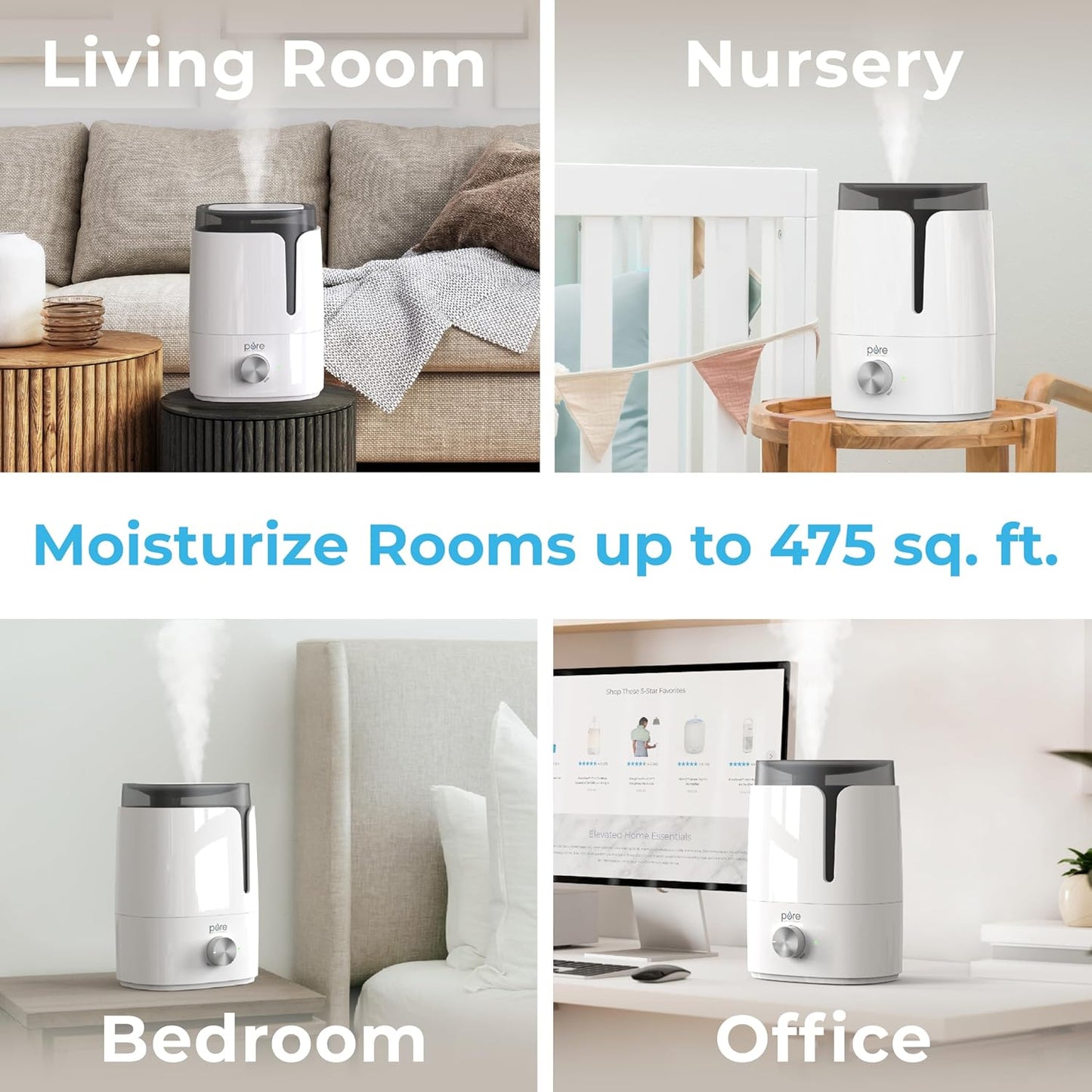 Pure Enrichment HUME Ultrasonic Cool Mist Humidifier - Easy-Clean 3.5L Tank Lasts up to 50 Hours; Whisper Quiet, & Auto Shut-Off for Large Living Rooms, Basements, Bedrooms, Nurseries, & Plants