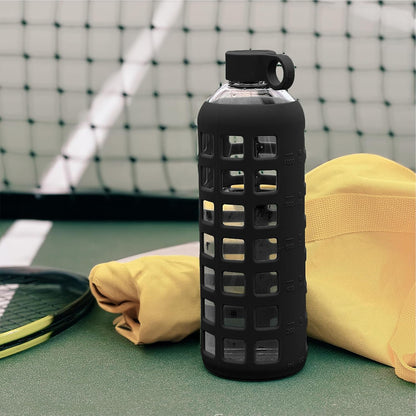 purifyou 40oz / 32oz / 22oz / 12oz Borosilicate Glass Water Bottle with Time & Volume Markers, Silicone Sleeve, Stainless Steel Lid | Reusable Glass Bottle for Water & Juice (40oz Jet Black)