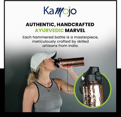 Copper Water Bottle for Drinking - Hammered 100% Pure Copper Tumbler with Leak Proof Lid, Removable Insulating Sleeve & Straw - Handcrafted Ayurvedic Cup for Water 32 fl oz