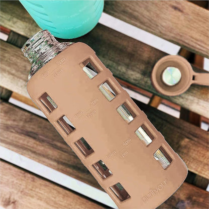 purifyou 40oz / 32oz / 22oz / 12oz Borosilicate Glass Water Bottle with Time & Volume Markers, Silicone Sleeve, Stainless Steel Lid | Reusable Glass Bottle for Water & Juice (40oz Jet Black)