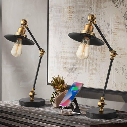 360 Lighting Taurus 20" High Small Farmhouse Rustic Industrial Traditional Desk Lamps Set of 2 USB Ports Adjustable Black Gold Shade Home Office Living Room Charging Bedroom Bedside Nightstand House