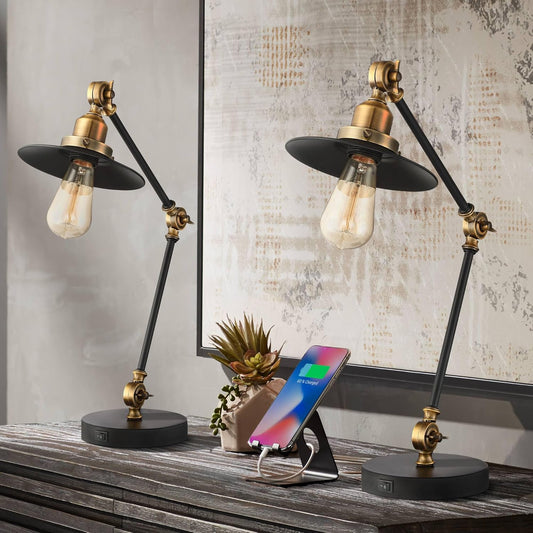 360 Lighting Taurus 20" High Small Farmhouse Rustic Industrial Traditional Desk Lamps Set of 2 USB Ports Adjustable Black Gold Shade Home Office Living Room Charging Bedroom Bedside Nightstand House