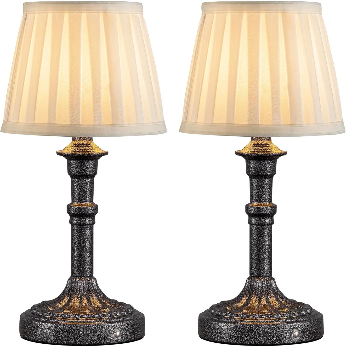 Cordless Portable LED Table Lamp 2-pack, Fabric Shade, Battery Power, Stepless Dimming, For Living And Dining Rooms suitable for bedrooms, living rooms, offices, book(Mottled Silver+Fabric Lampshde)