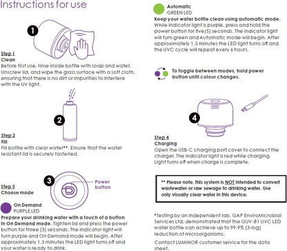 Luminor Glacier UV Self-Cleaning Water Bottle – 20 oz Rechargeable Stainless Steel Insulated Tumbler, Portable UVC Fast 90-Second Water Cleaner, USB-C Charging - for Travel, Hiking, Cycling