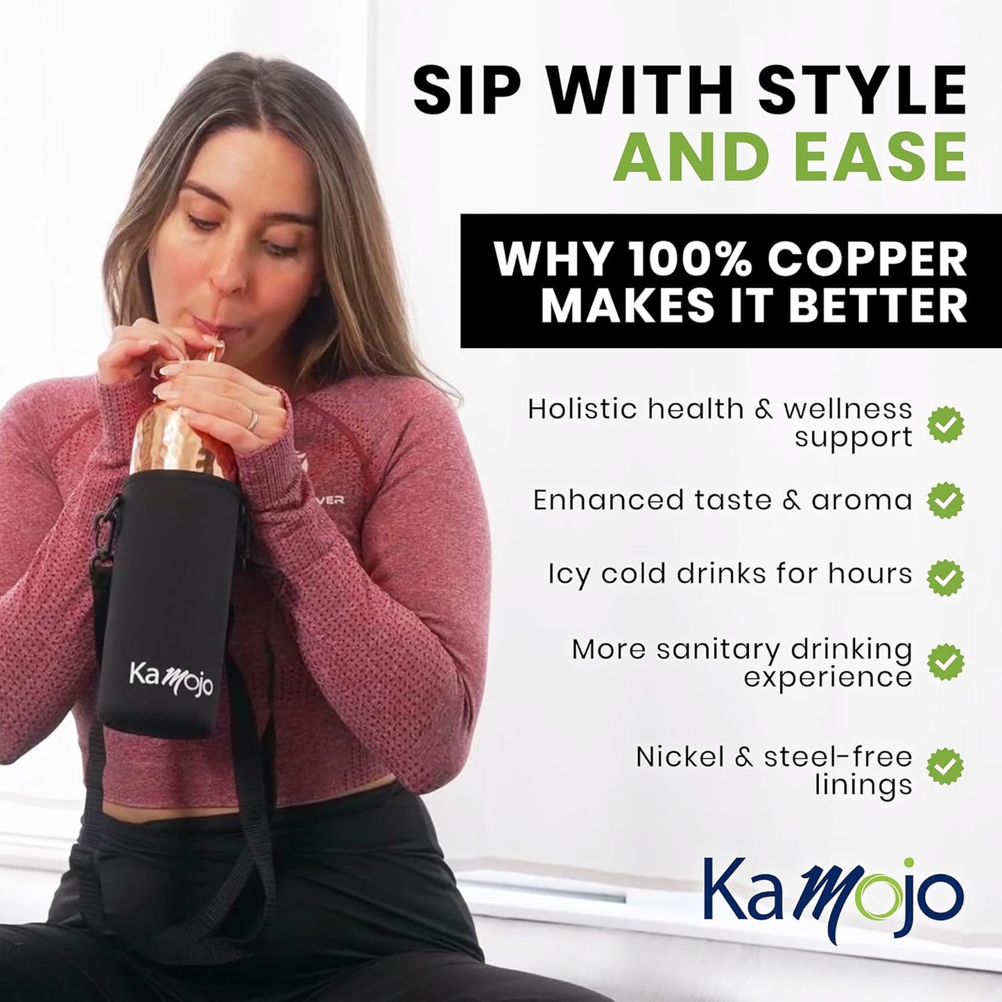Copper Water Bottle for Drinking - Hammered 100% Pure Copper Tumbler with Leak Proof Lid, Removable Insulating Sleeve & Straw - Handcrafted Ayurvedic Cup for Water 32 fl oz