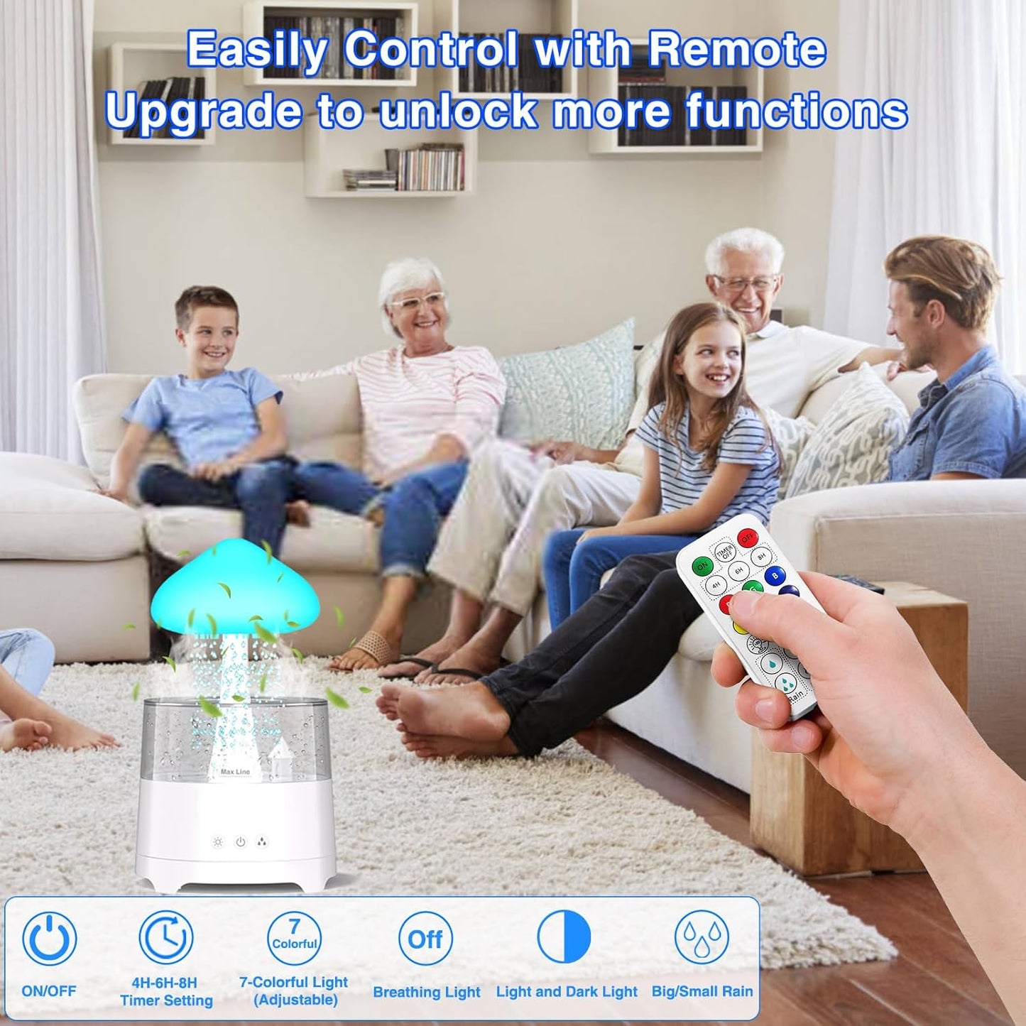 Diffuserlove Rain Diffuser Cloud Humidifier 450ML Diffuser Water Drip Waterfall Lamp Mushroom Humidifier (Size: 6.54''x10.5'')