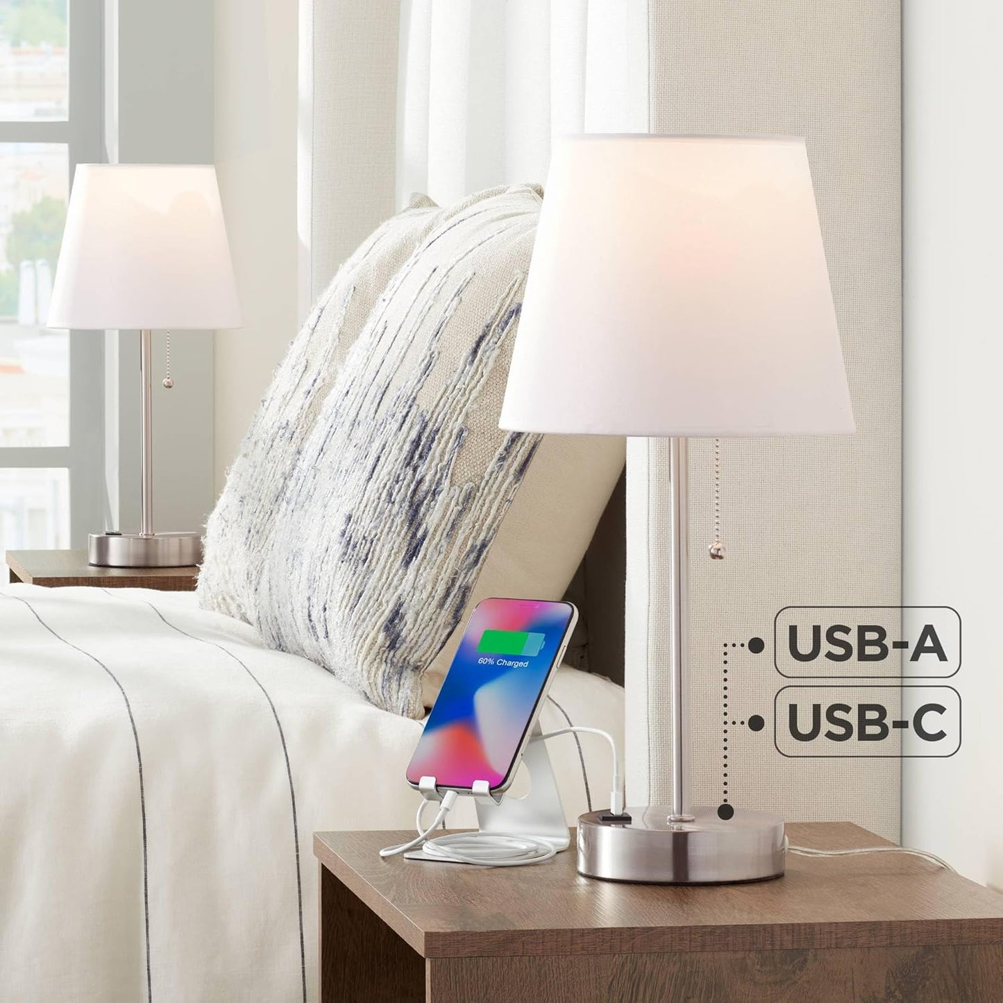 360 Lighting Justin Modern Accent 3-Way Table Lamps 18" High Set of 2 with USB Charging Port and Table Top Dimmers Silver Metal White Fabric Empire Shade for Bedroom House Bedside Home