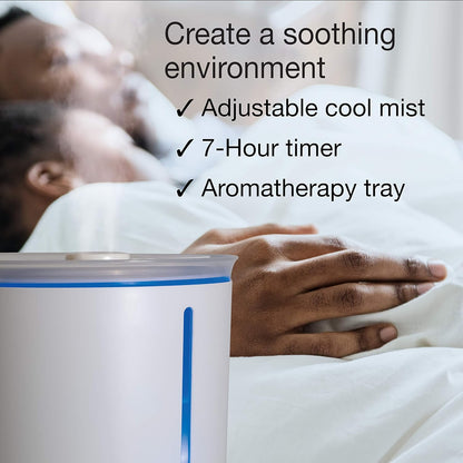 Lasko 3.5 L Cool Mist Ultrasonic Humidifier, Top Fill, 18 Hour Run Time on Low, 3 Mist Settings, Auto-Off Timer, Aromatherapy Tray, Filter Free, White, UH250