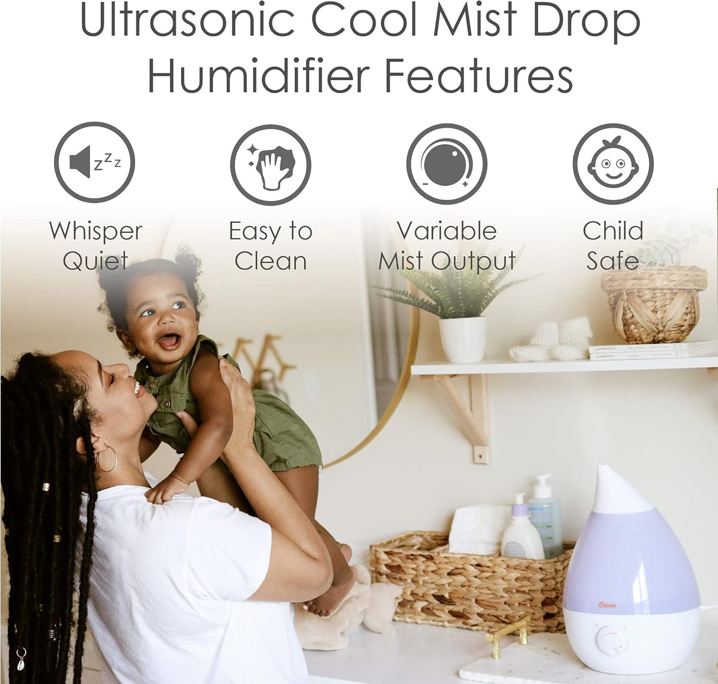 Crane Ultrasonic Cool Mist Humidifier, 1 Gallon Tank, with Universal Humidifier Filter, Reduces White Dust, Fits Drop, Droplet, Adorable, Warm Mist