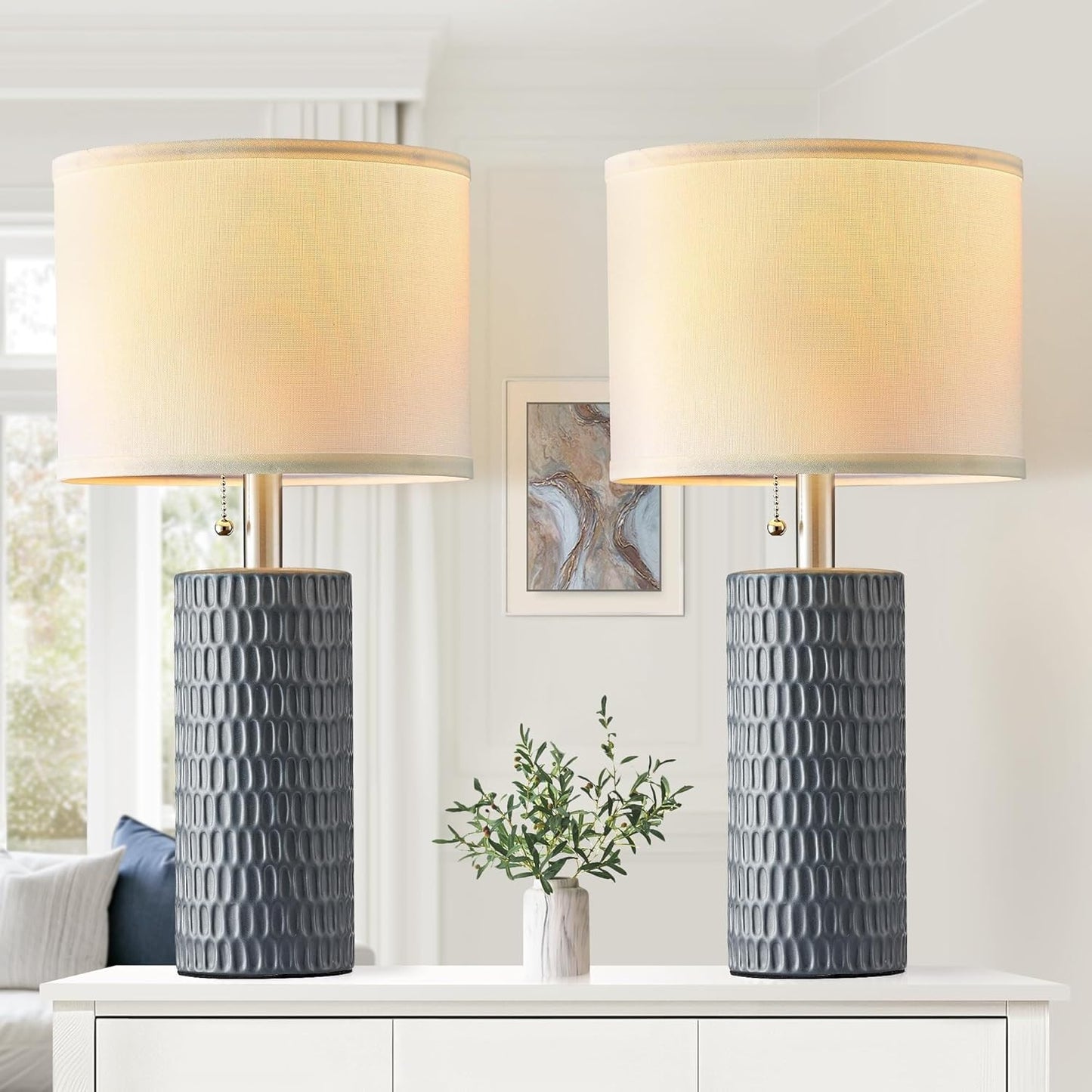 20 Inch Modern Ceramic Table Lamp 2 Pack with White Fabric Shade for Bedroom, Living Room, Nightstand Lamp Suitable for bedrooms, Living Rooms, Offices, Book(20" Dark Blue-2Pack)