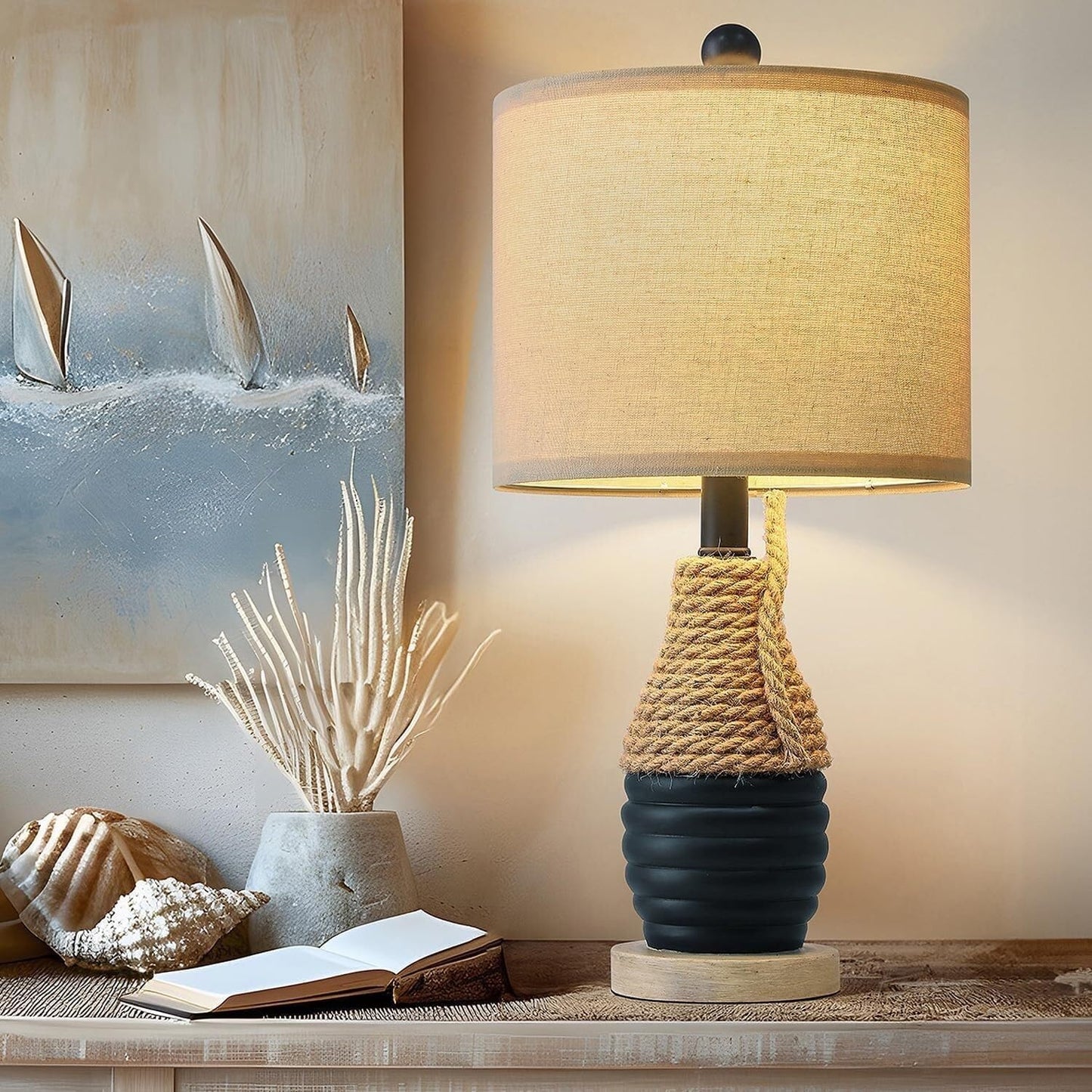 20" Vintage Resin Table Lamp for Bedroom Living Room Bedside, Coastal Nautical Decorative Light, Navy Blue Suitable for bedrooms, Living Rooms, Offices, Book