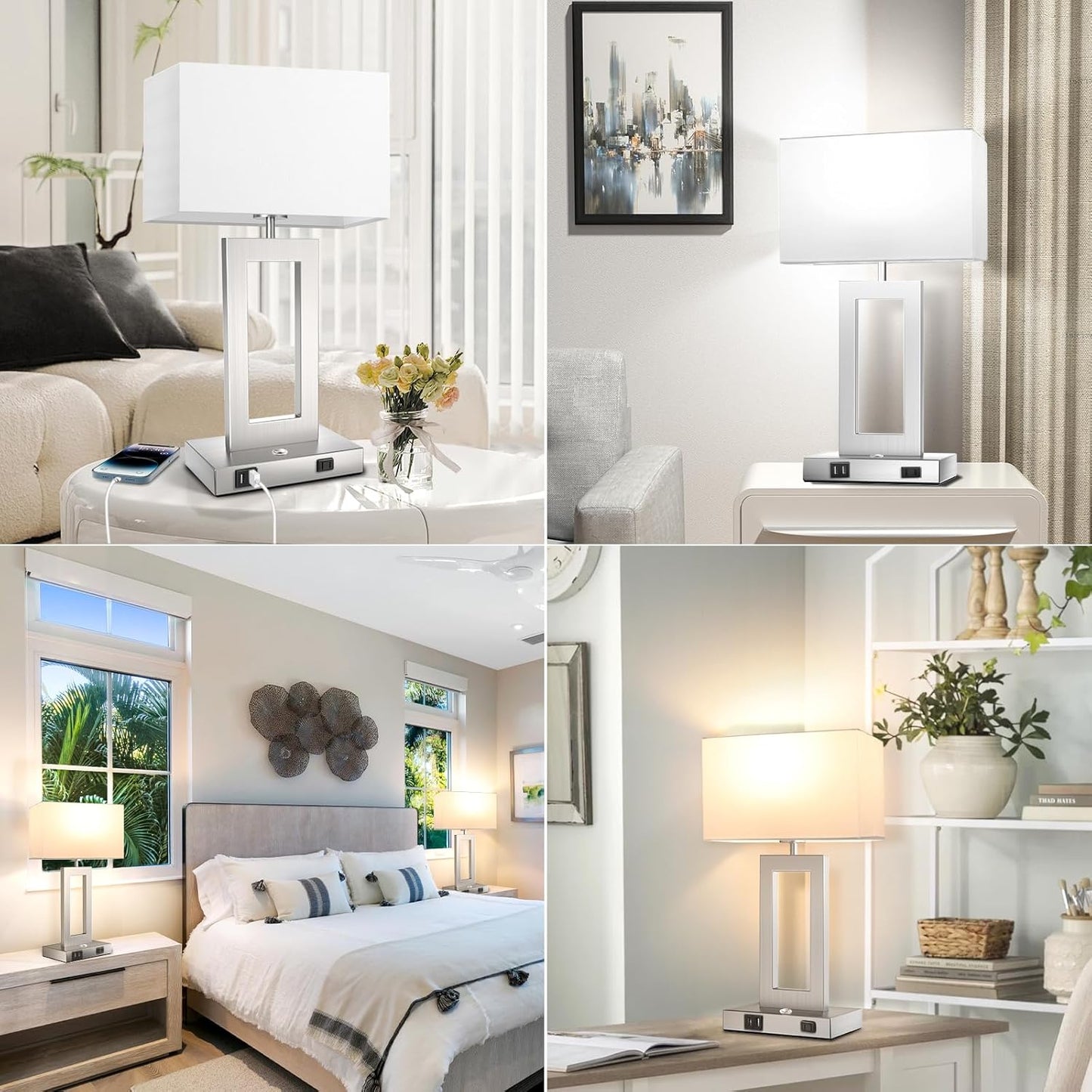 27.2’’ Tall Black Table Lamps for Living Room Bedroom, Bedside Touch Control Lamps with 2 USB Ports&AC Outlet, 3 Way Dimmable&Stepless Dimming Desk Lamp Sets for Home Office, Pre-assembled White Shade