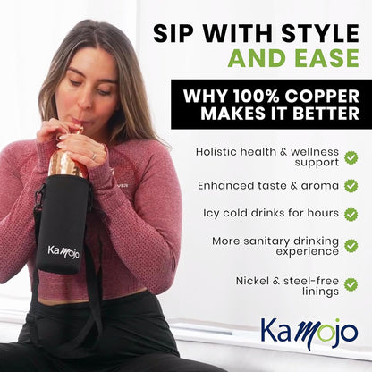 Copper Water Bottle for Drinking - Hammered 100% Pure Copper Tumbler Cup with Leak Proof Lid, Removable Insulating Sleeve & Straw - Handcrafted Ayurvedic Cup for Water 32 fl oz