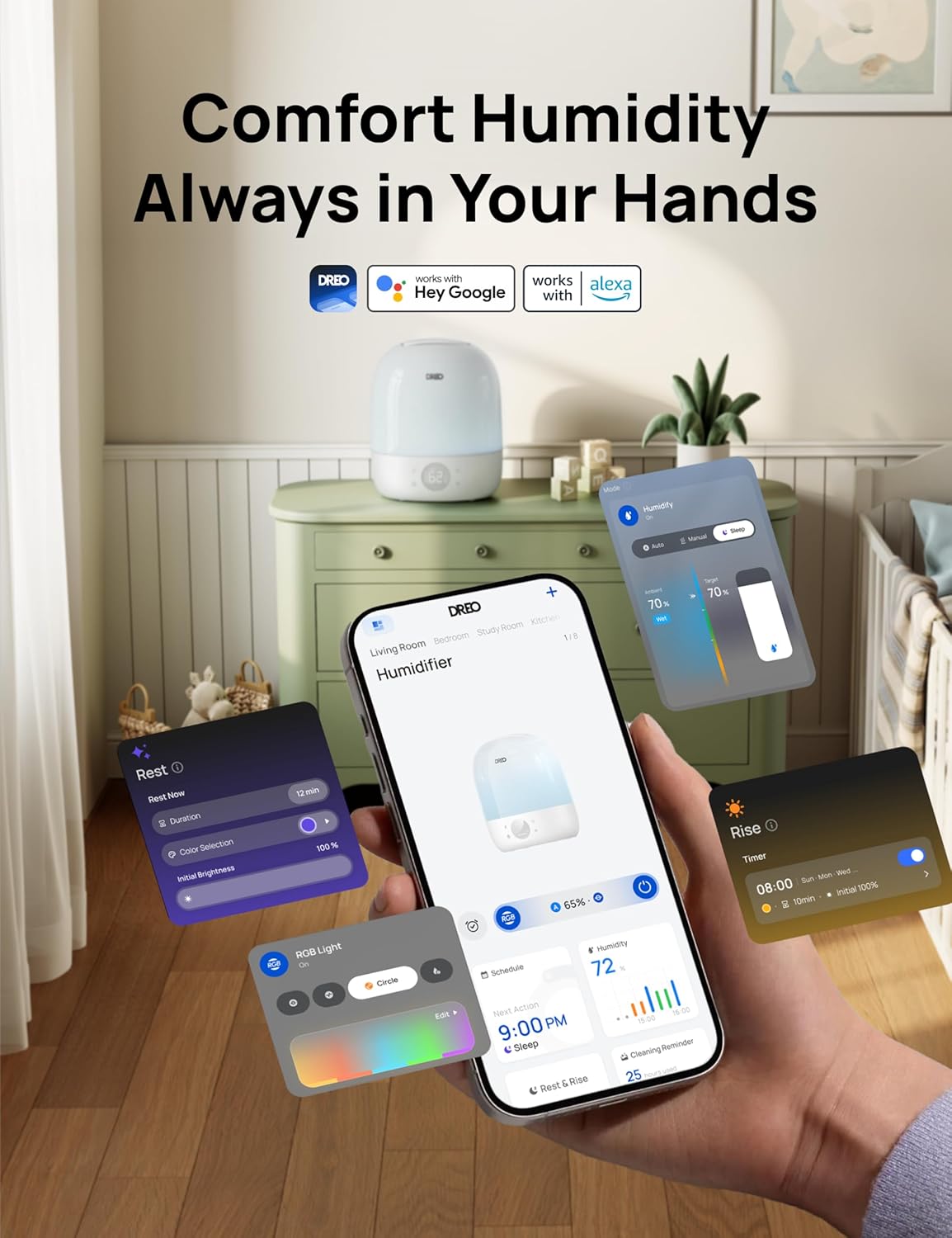 DREO Humidifiers for Bedroom Baby HM409S, Ultra Quiet 28dB & 3L Top Fill Cool Mist Humidifier for Nursery, Smart Air humidifier for Plants Indoor, 1500+ RGB Night Light & Sleep Routine Trainer