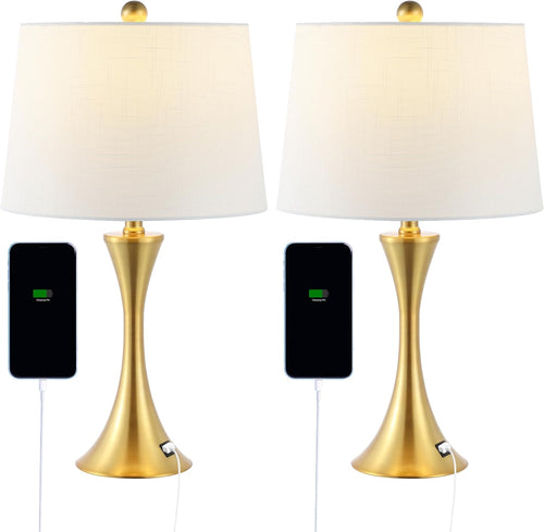 JONATHAN Y JYL6621A-SET2 Bennett 22.75" Modern Glam Iron Hourglass LED Table Lamp with USB Charging Port Minimalist, Designer, Contemporary, Office, Living Room, Dining Room, Bedroom, Brass Gold