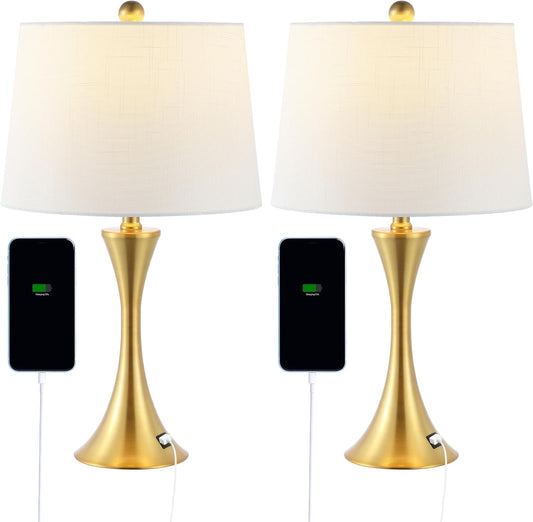 JONATHAN Y JYL6621A-SET2 Bennett 22.75" Modern Glam Iron Hourglass LED Table Lamp with USB Charging Port Minimalist, Designer, Contemporary, Office, Living Room, Dining Room, Bedroom, Brass Gold