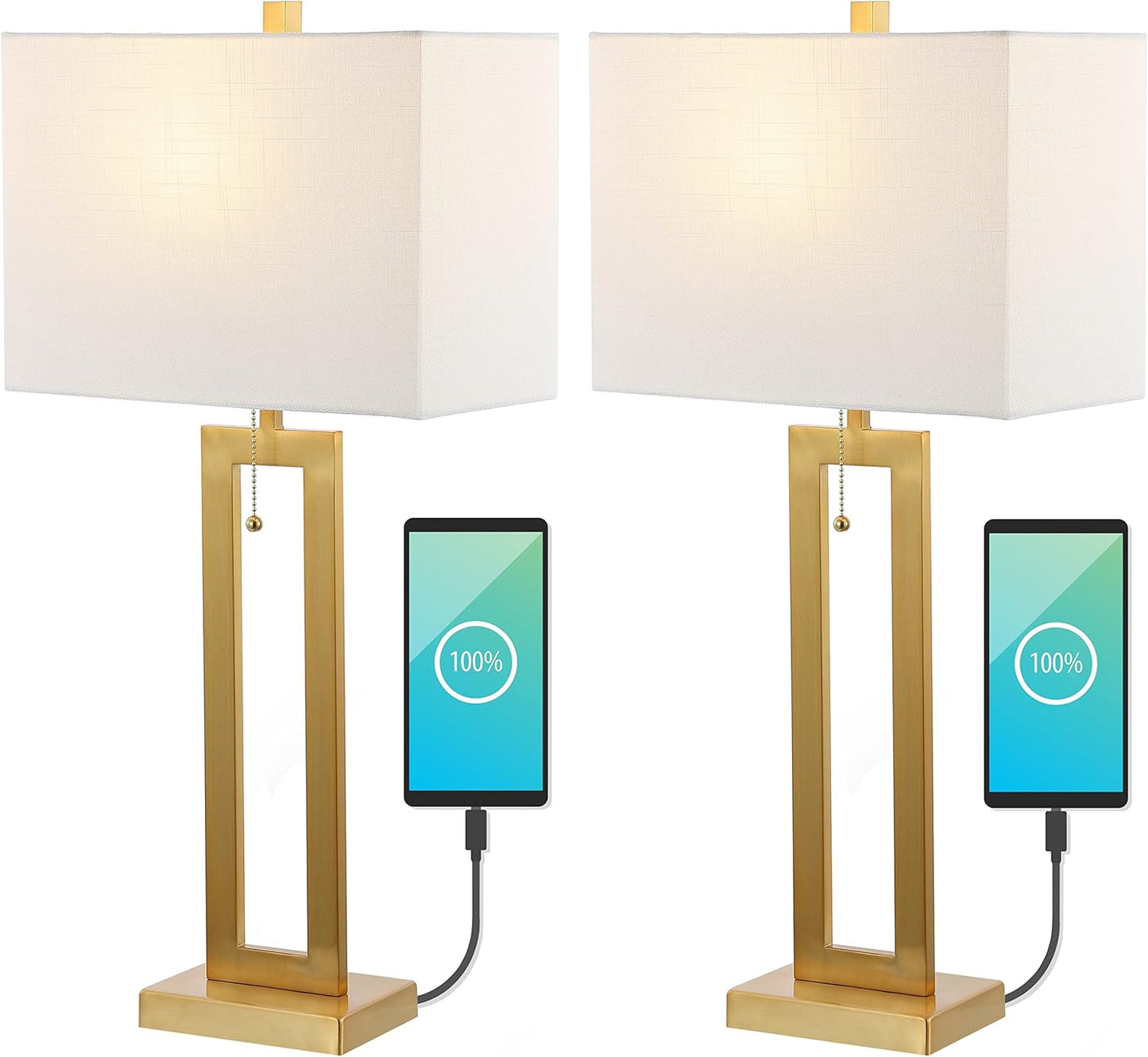 JONATHAN Y JYL1126A-SET2 Sabrina 28.5" Vintage Industrial Iron LED Table Lamp with Pull-Chain and USB Charging Port Mid-Century, Minimalist Bedside Desk Nightstand Lamp, Brass Gold (Set of 2)